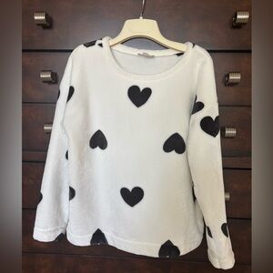 LOFT Outlet White Fluffy Sweater with Black Heart Accents